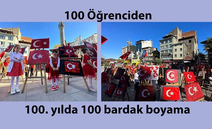 Öğrenciler tek tek boyadı, çay yaprağı, fındık, mısırla Türk Bayrağı yaptı